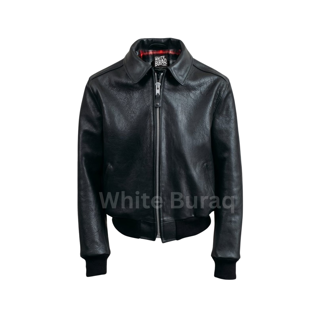 Black leather bomber jacket with ribbed collar, a premium team jacket option for seniors and coaches
