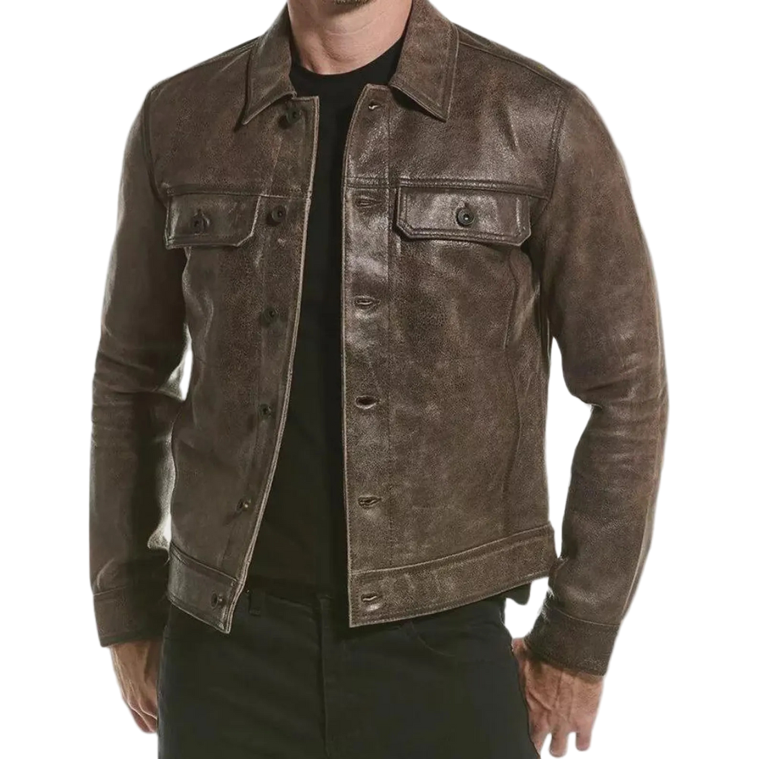 Men's distressed brown lambskin trucker jacket with flap pockets, a natural layer over a flannel shirt
