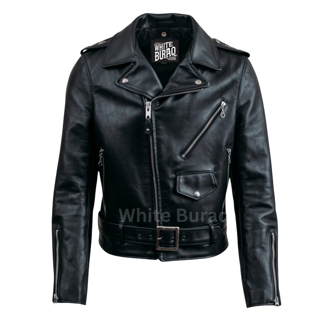 Men's black leather asymmetrical biker jacket