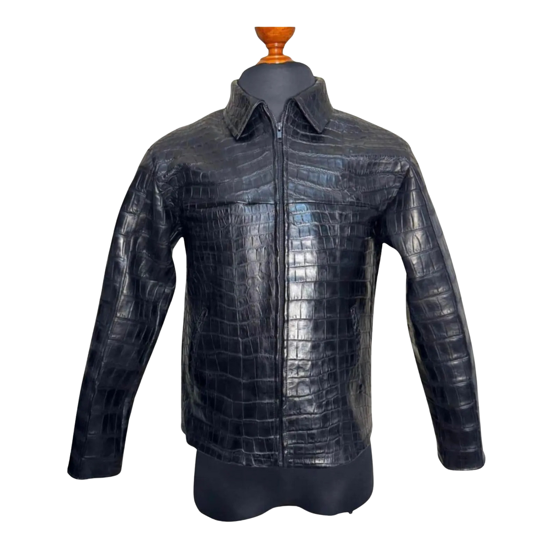 Men's black crocodile leather jacket showing the natural, non-repeating scale pattern of genuine crocodilian leather