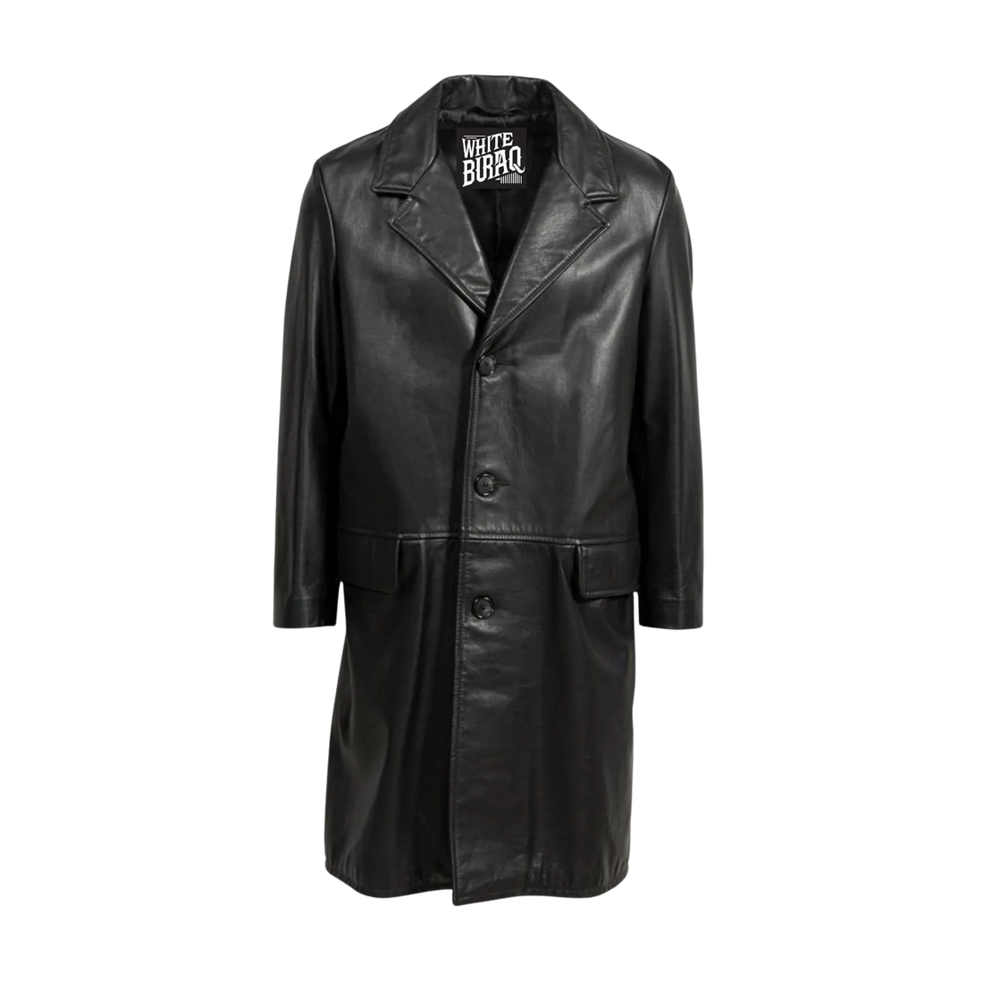 Men's black lightweight cowhide leather trench coat with notched lapels and button front