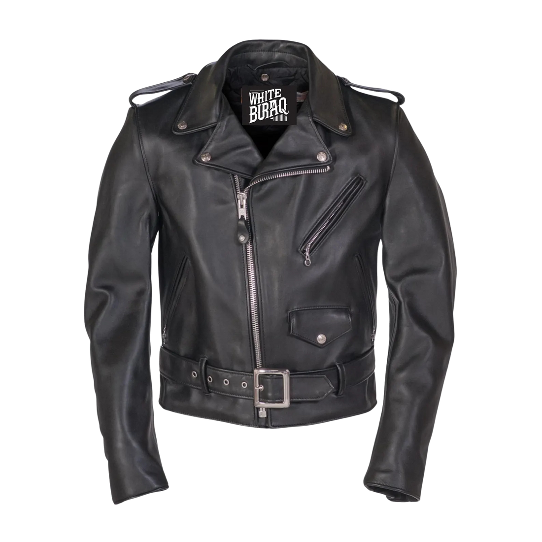 Men's black cowhide moto jacket with zip-out liner, a straight-zip style that suits big and tall sizing