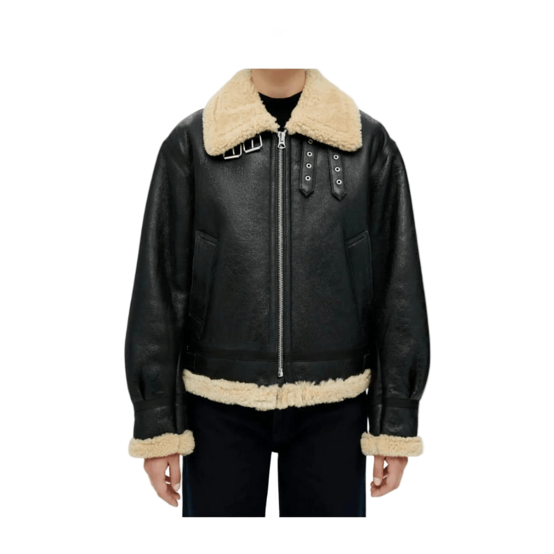 Women's black lambskin aviator jacket with a sherpa collar, a warm choice for après-ski outfits