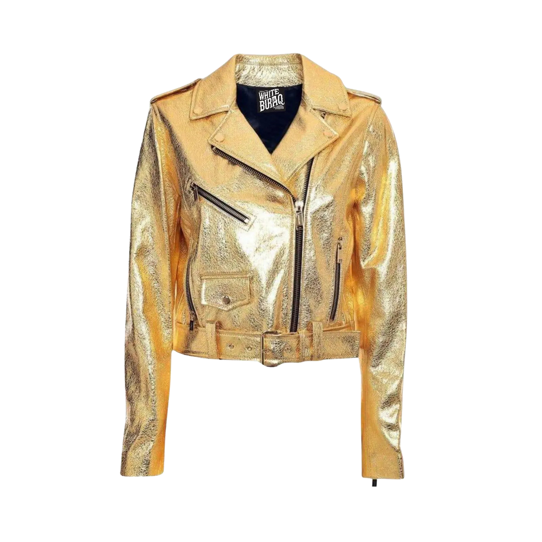 Women's gold metallic lambskin biker jacket with belt