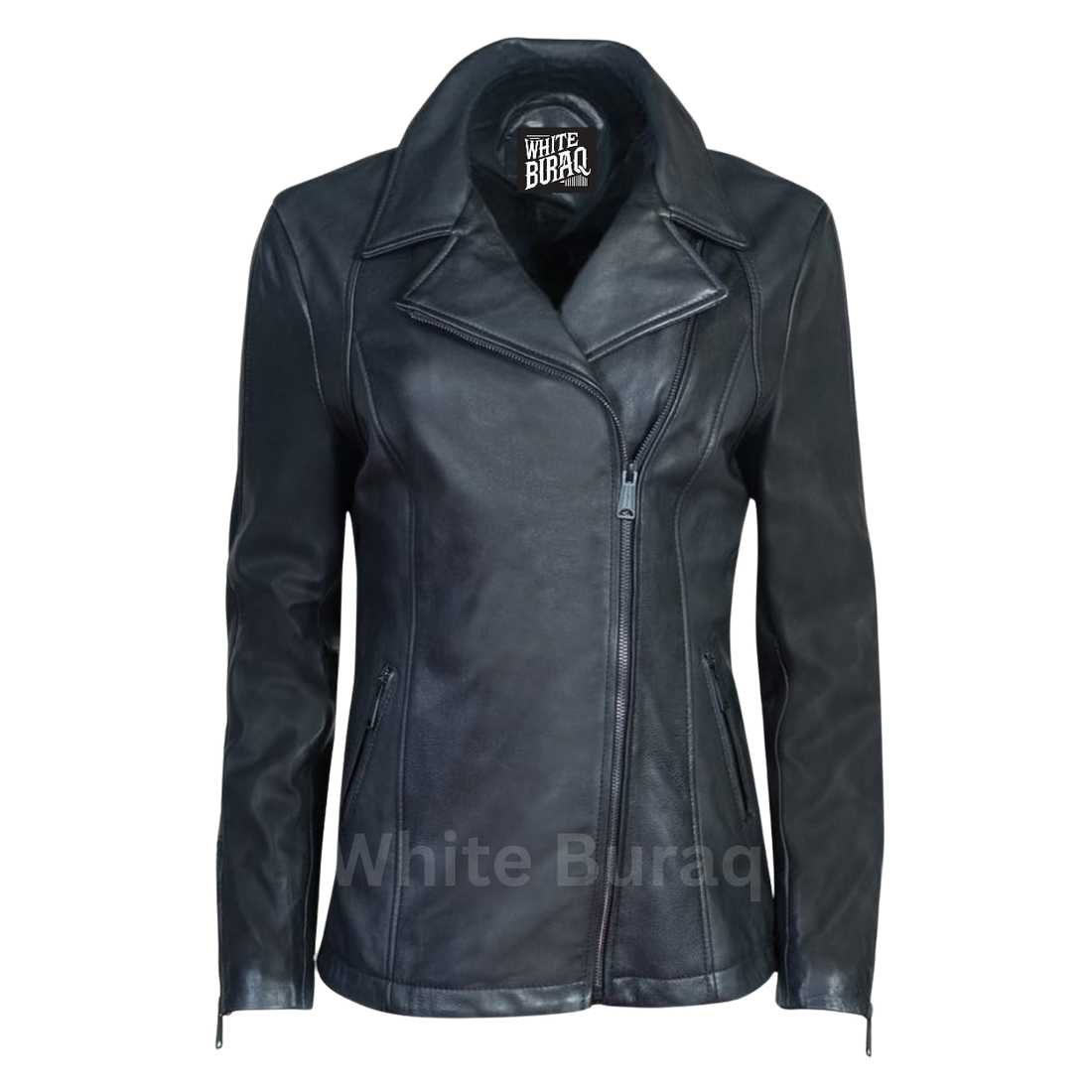 Women's Black Lambskin Long Moto Jacket, a biker jacket cut longer than a standard length