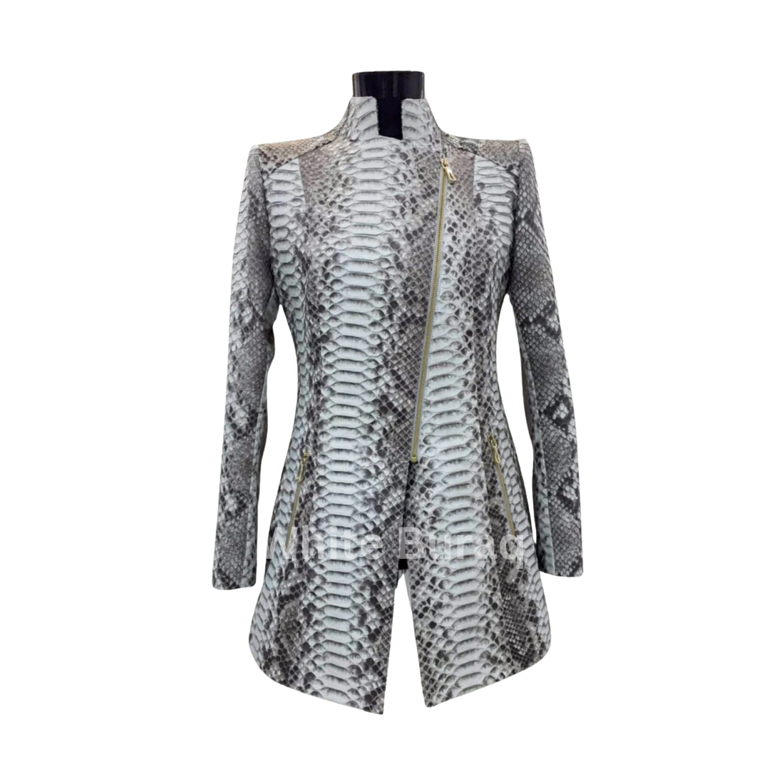 Women's white python leather trench coat showing the natural scale markings of genuine python leather