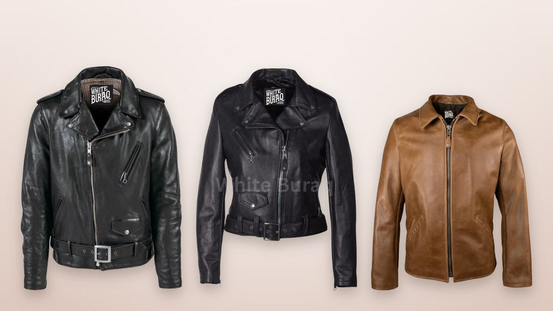 Men's black vintage cowhide biker jacket, women's lightweight lambskin leather jacket and men's waxed buffalo leather western jacket