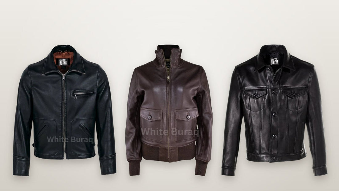 Black genuine leather biker jacket, brown lambskin flight jacket and black cowhide trucker jacket for private label brands