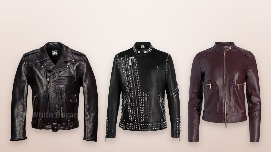 Black and maroon genuine leather jackets showing zippers, snaps, buckles and studs