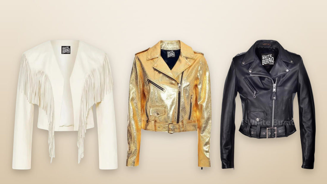 Women's white fringe, gold metallic and black cropped leather jackets for bridal boutique displays