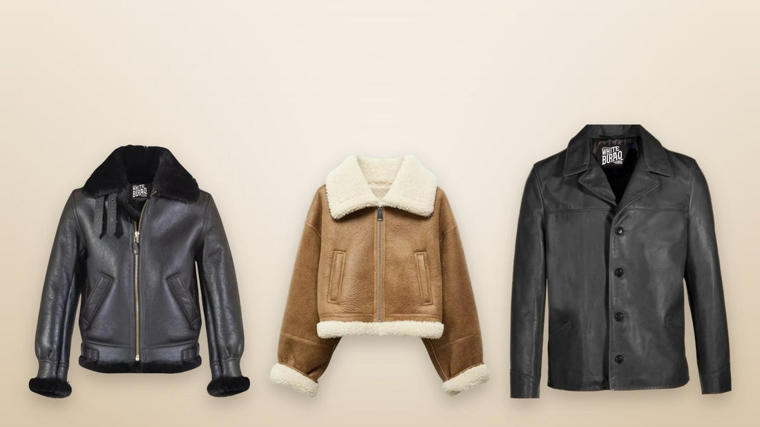 Sheepskin bomber jacket, cropped brown shearling jacket and black leather car coat for winter store stock