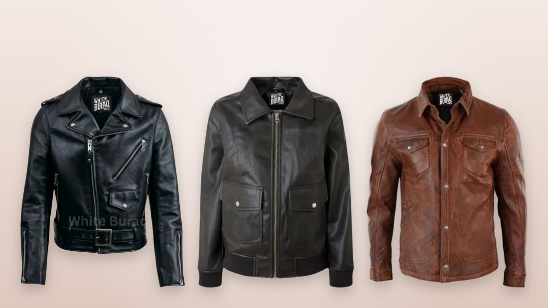 Black biker, black bomber and brown trucker genuine leather jackets for a store's core reorder lineup
