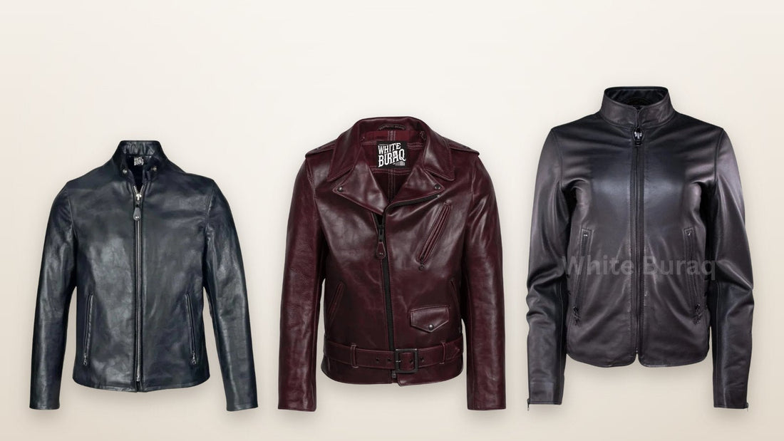Black cowhide cafe racer, maroon steerhide asymmetrical biker and women's black quilted moto leather jackets for a motorcycle shop apparel wall