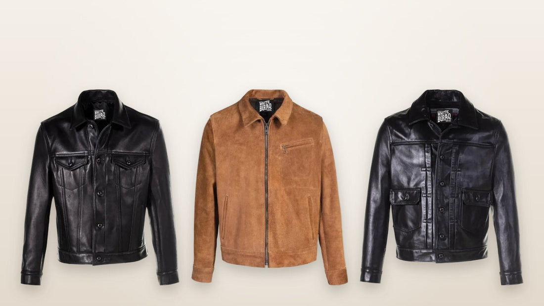 Black cowhide trucker jacket, brown roughout work jacket and black horsehide mechanic's jacket shown for wholesale buyers