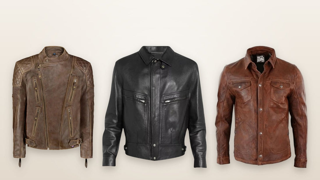 Men's genuine leather cafe racer, black bomber and distressed brown trucker jackets for menswear store stock