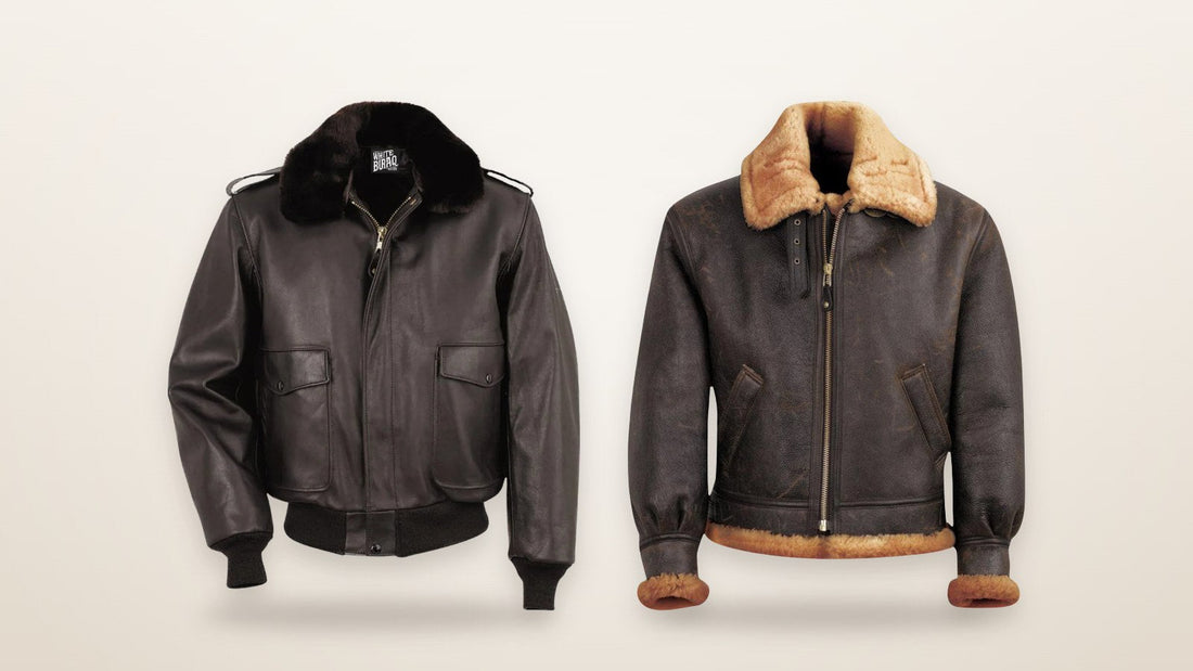 Men's cowhide A-2 flight jacket and distressed brown sheepskin B-3 bomber jacket