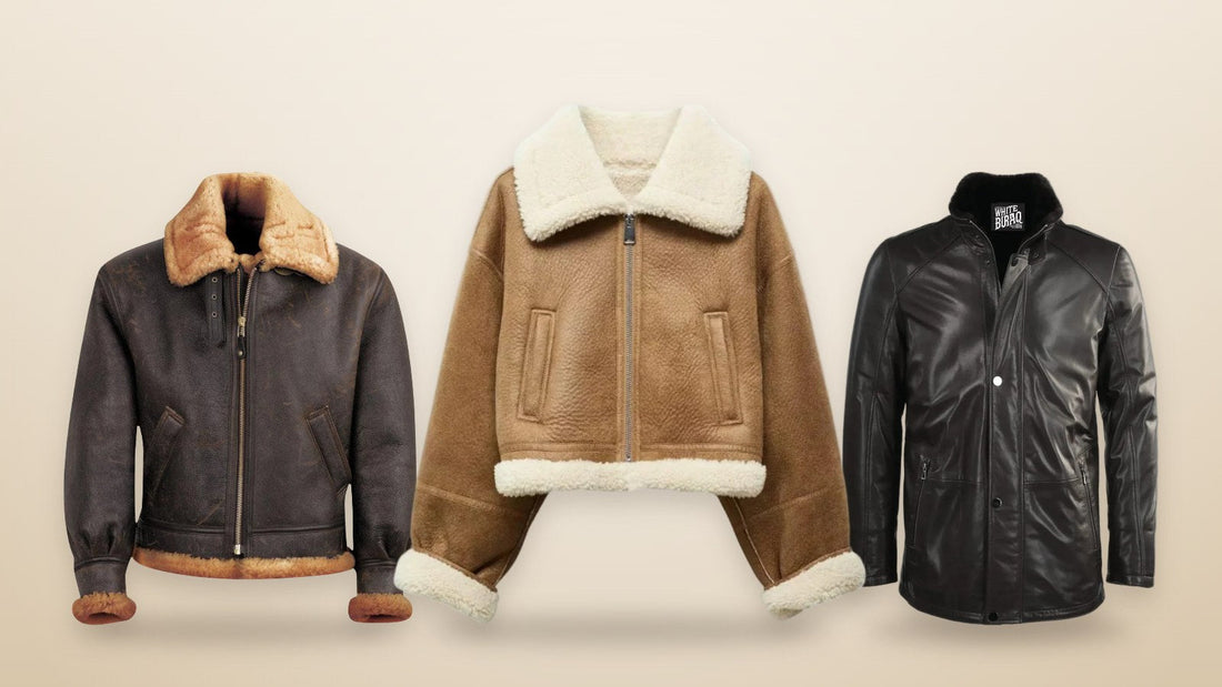 Brown sheepskin B-3 bomber jacket, women's brown lambskin cropped shearling jacket and men's black lambskin coat with sheepskin lining