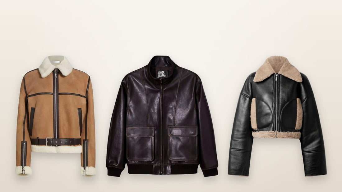 Women's brown suede shearling aviator jacket for fall and winter