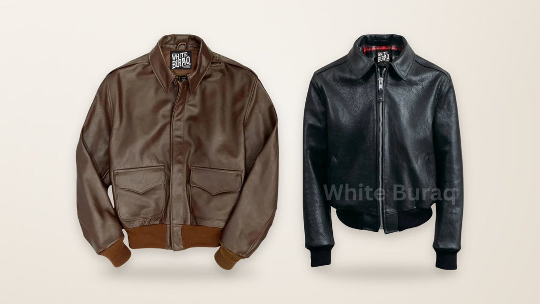 Distressed brown sheepskin B-3 aviator jacket and black leather bomber jacket with ribbed collar