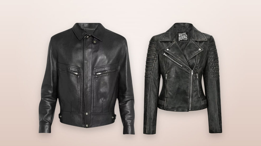 Men's black lambskin leather bomber jacket and women's black lambskin leather biker jacket