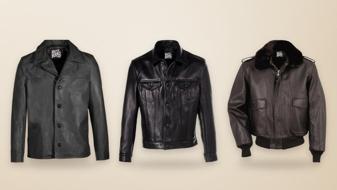 Black cowhide leather car coat, black natural-finish cowhide trucker jacket and brown cowhide A-2 flight jacket