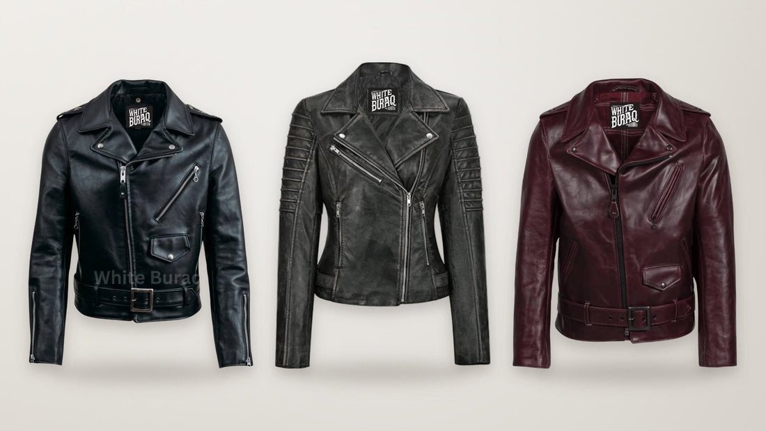 Men's black leather asymmetrical biker jacket, women's black lambskin leather biker jacket and men's heavyweight steerhide asymmetrical biker jacket