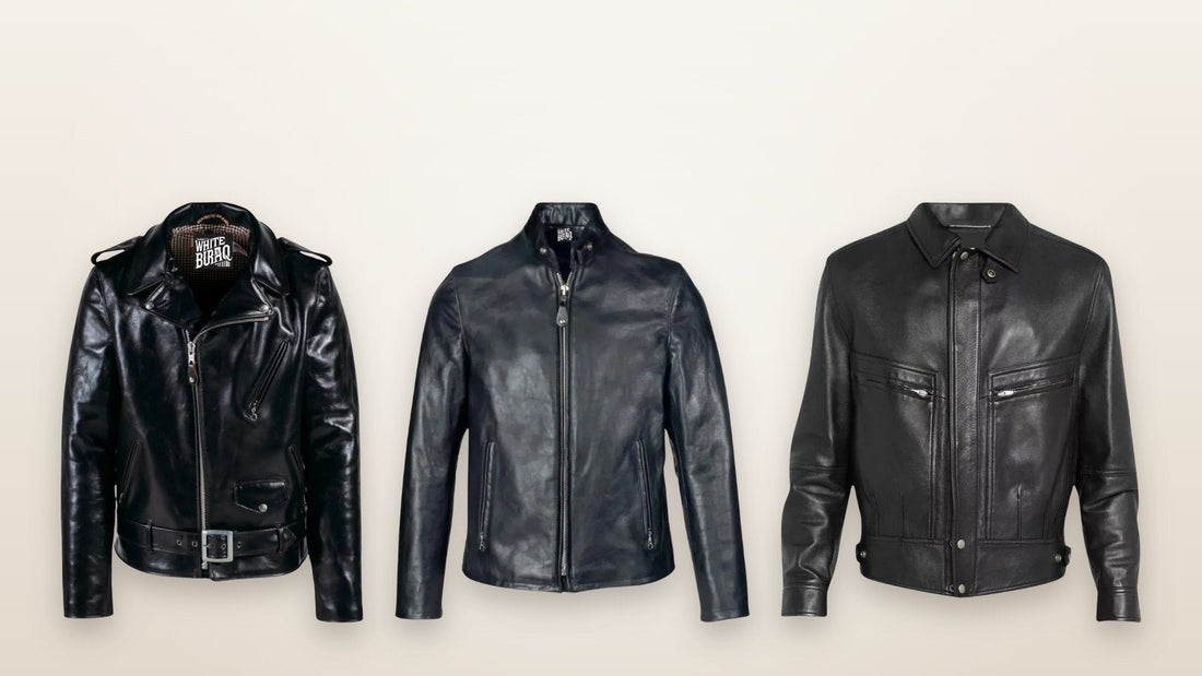 Men's black leather jackets in biker, cafe racer and bomber styles