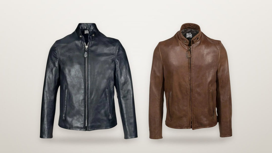 Black lightweight cowhide cafe racer jacket and distressed brown vintage cowhide cafe racer jacket