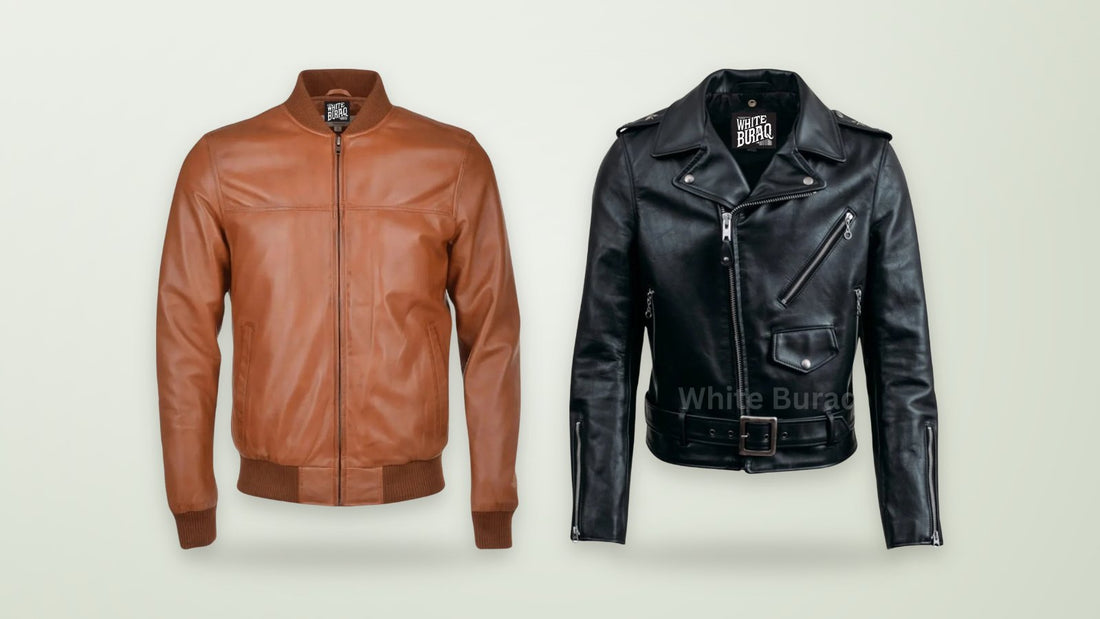 Brown leather bomber jacket and black leather asymmetrical biker jacket