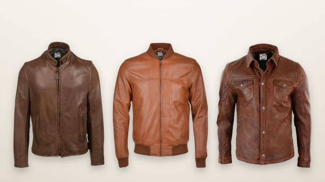 Three men's brown leather jackets: a distressed brown cafe racer, a brown bomber and a distressed brown trucker jacket
