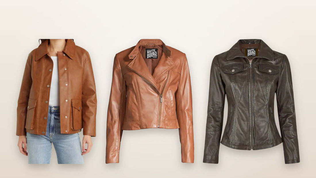 Women's brown leather bomber, cropped moto and trucker jackets