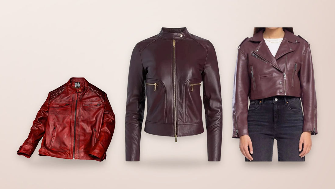 Men's burgundy cowhide quilted biker jacket, women's maroon leather biker jacket with snap-tab collar and women's maroon cropped asymmetrical leather jacket