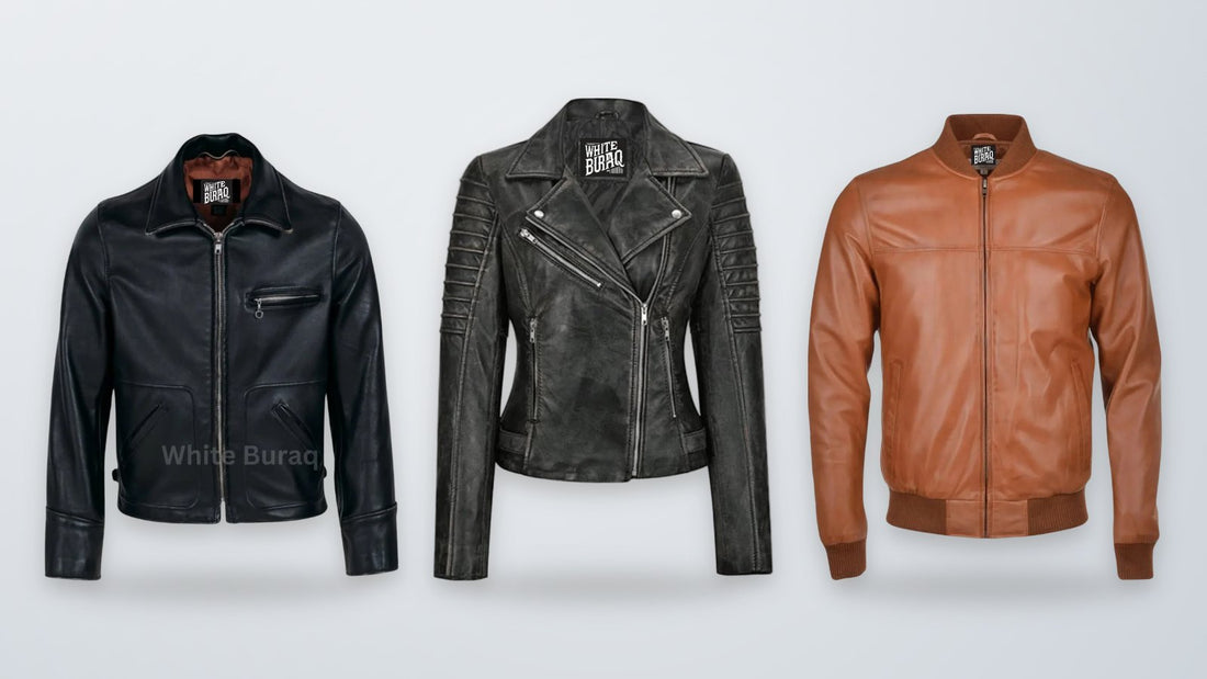 Men's black leather tailored biker jacket, women's black lambskin leather biker jacket and men's brown leather bomber jacket