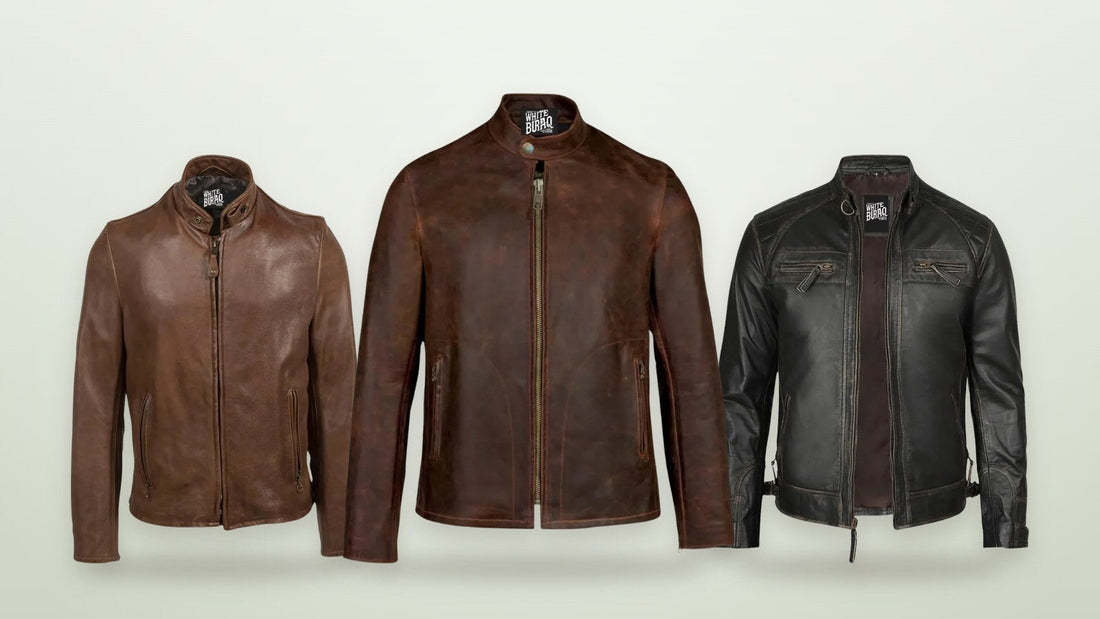 Distressed brown vintage cowhide cafe racer jacket, distressed brown unlined cowhide cafe racer jacket and distressed black lambskin cafe racer jacket