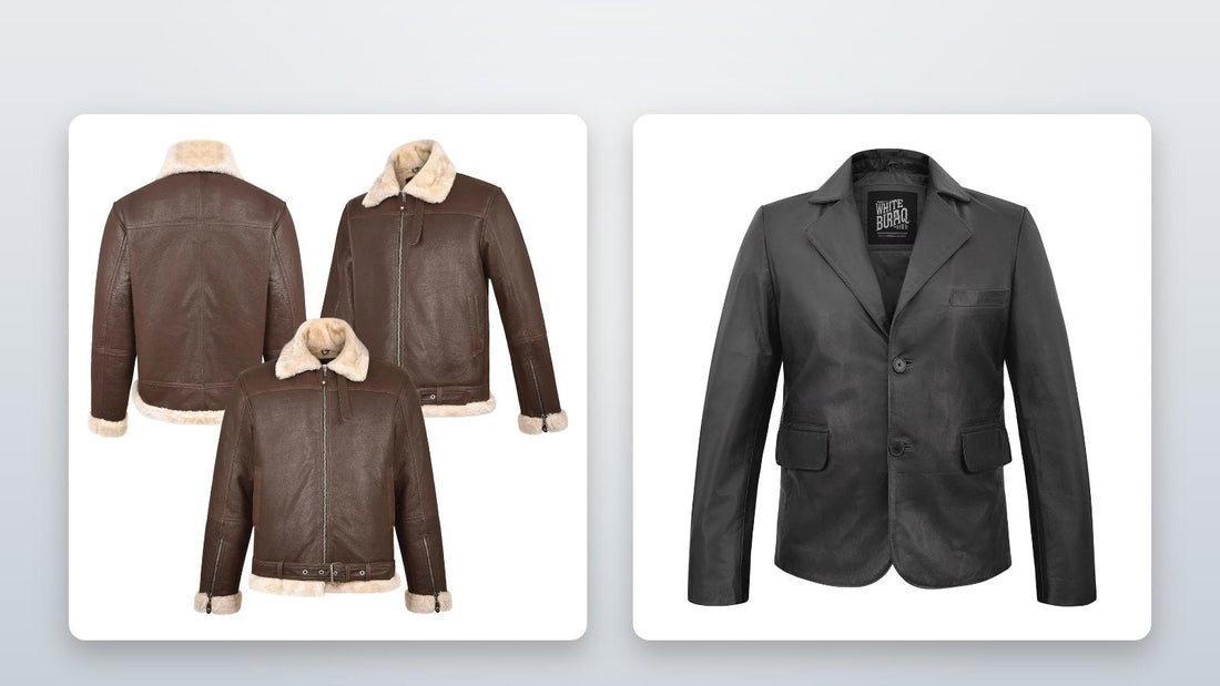 Unisex B-3 sheepskin bomber jacket and unisex lambskin two-button blazer