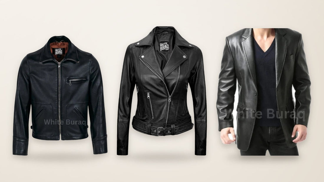 Men's black leather tailored biker jacket, women's black leather asymmetrical moto jacket and men's black leather two-button blazer