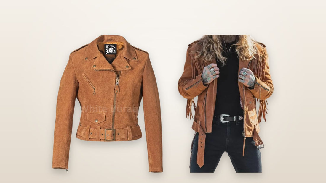 Women's brown cow suede jacket and men's brown suede western fringe jacket on a soft neutral background