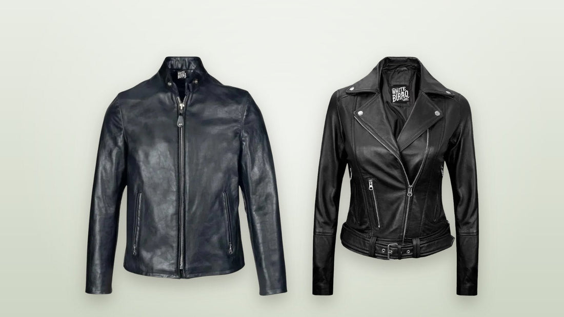 Black lightweight cowhide cafe racer jacket and women's black asymmetrical leather moto jacket for everyday wear