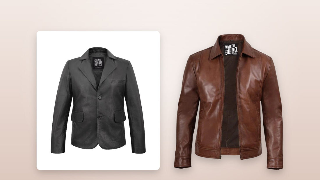 Men's leather two-button blazer and brown Harrington jacket on a soft neutral background