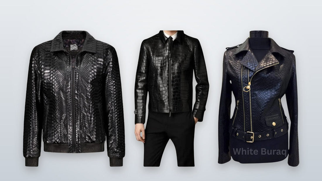 Black python leather jacket for men with natural scale markings