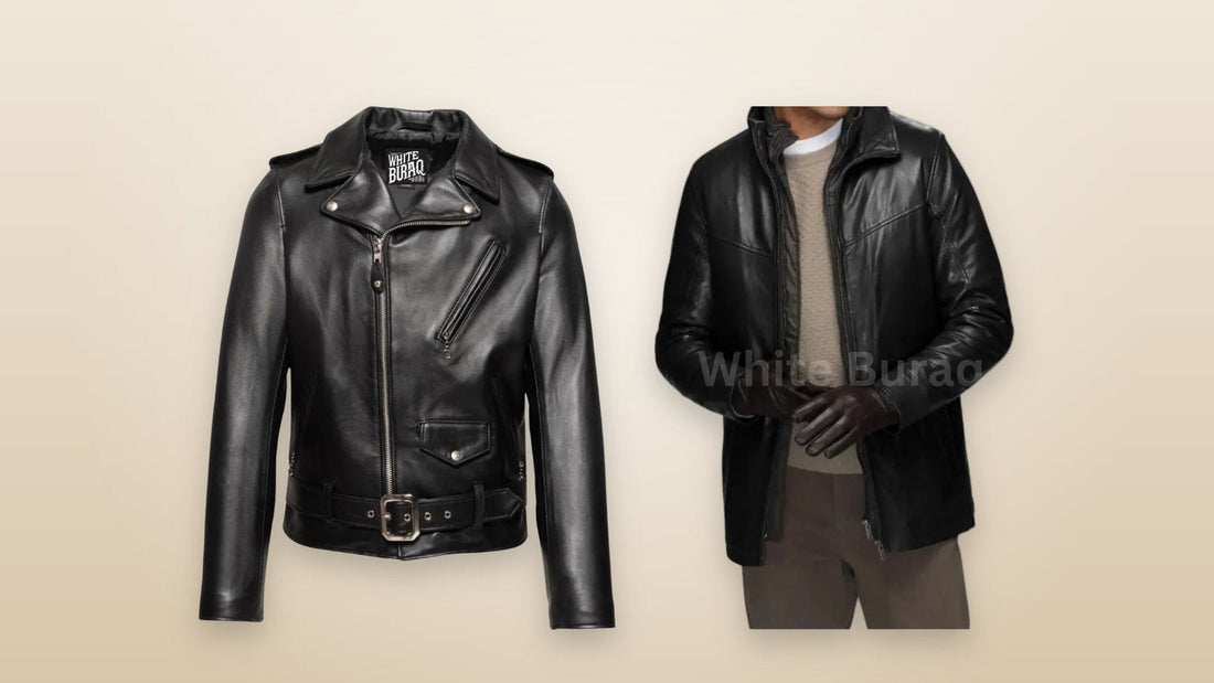Men's black leather moto jacket and black leather coat with detachable quilted vest