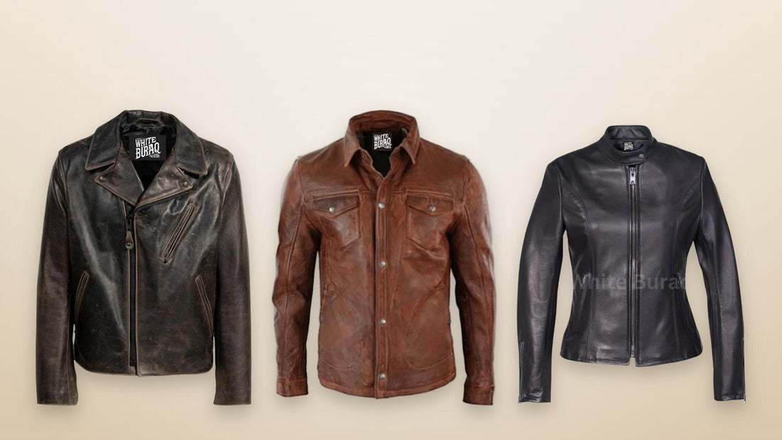 Men's black waxed cowhide moto jacket, men's distressed brown lambskin trucker jacket and women's black lightweight cowhide cafe racer jacket