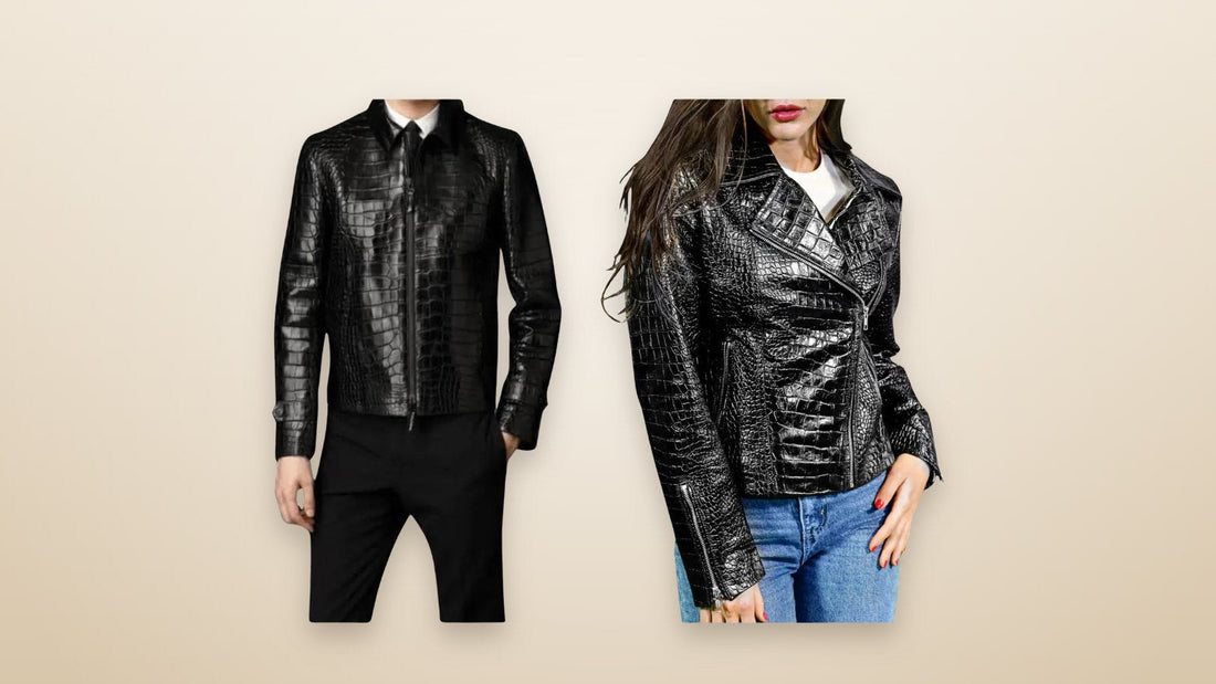 Men's and women's black crocodile leather biker jackets on a soft neutral background