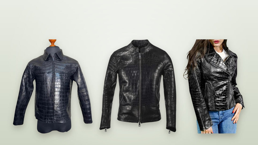 Men's black crocodile leather jacket with a natural scale pattern