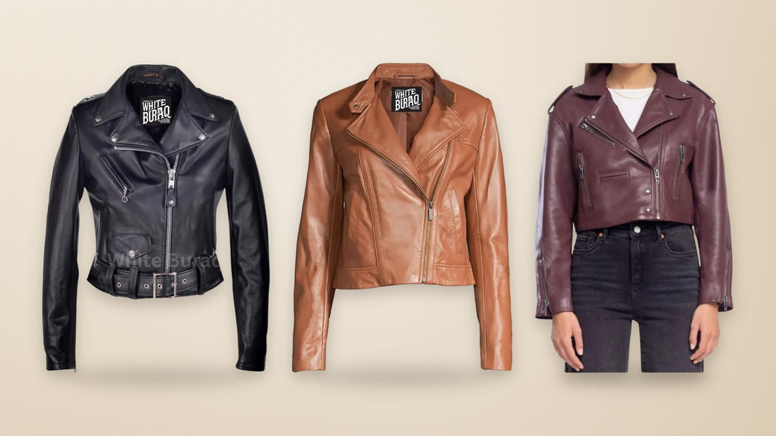 Black lambskin cropped asymmetrical jacket, distressed brown leather cropped moto jacket and maroon cropped asymmetrical leather jacket for women
