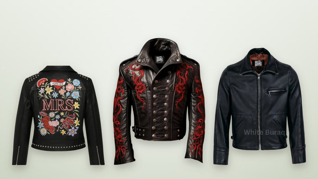 Women's leather bridal jacket with custom embroidered text
