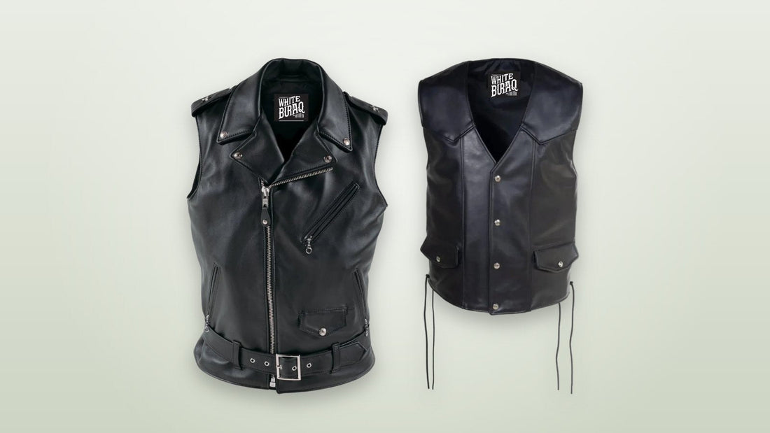 Men's black leather biker vest and black pebbled cowhide biker vest shown as starting points for a custom design