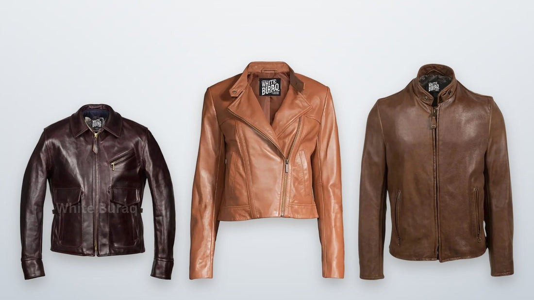 Distressed brown leather jackets for men and women in genuine leather with a broken-in finish
