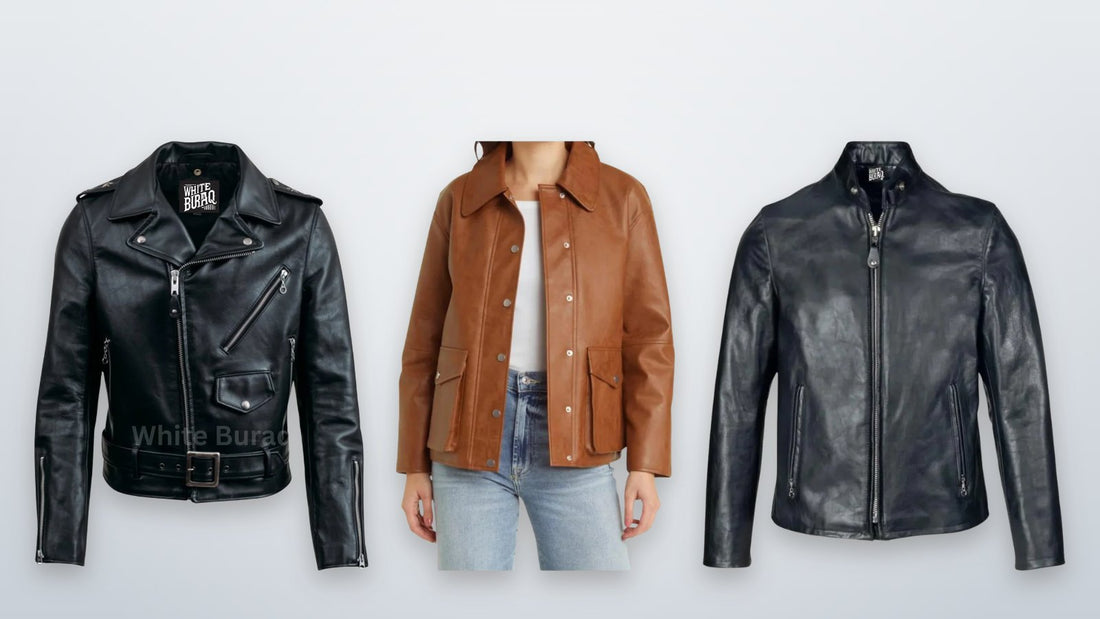 Black asymmetrical leather biker jacket, brown lambskin bomber and black cafe racer jacket in classic cuts