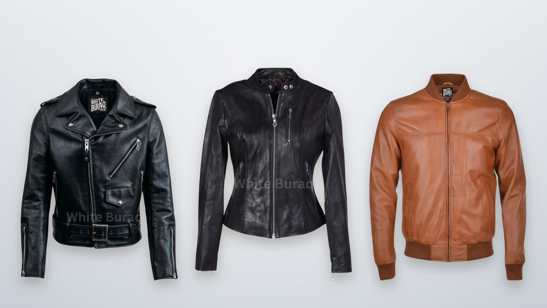 Men's black leather asymmetrical biker jacket, women's black lambskin cafe racer jacket and men's brown leather bomber jacket